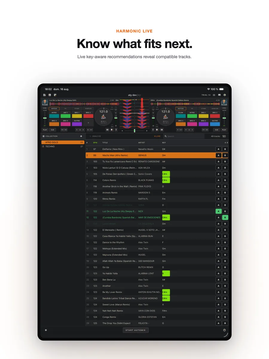 AlyDeejay Harmonic Live key-aware recommendations on iPad