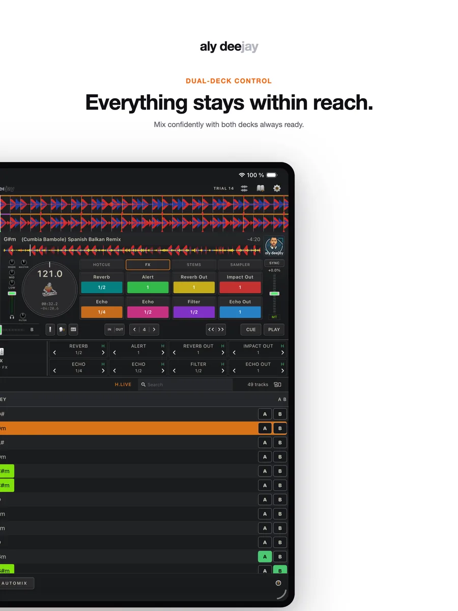 AlyDeejay dual-deck controls on iPad, right half of the deck