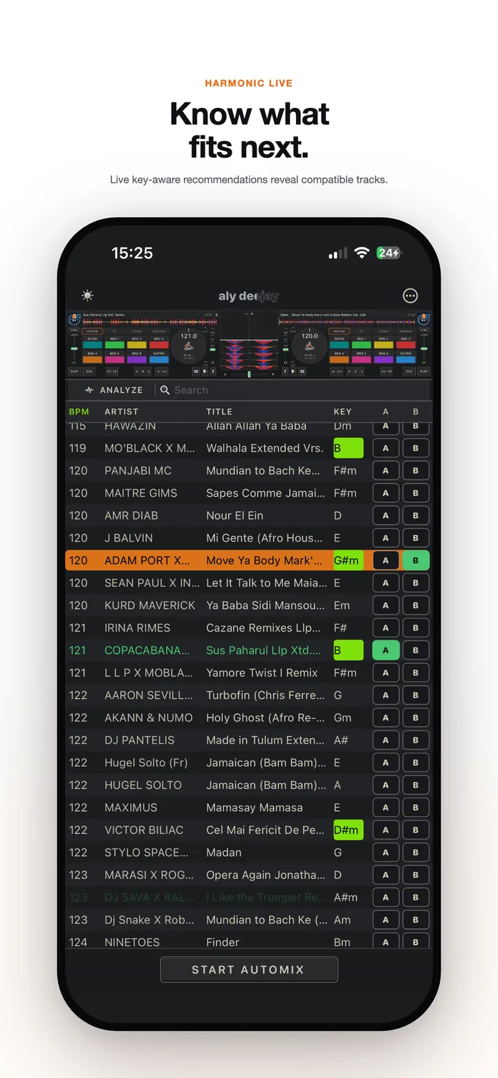 AlyDeejay Harmonic Live key-aware recommendations on iPhone