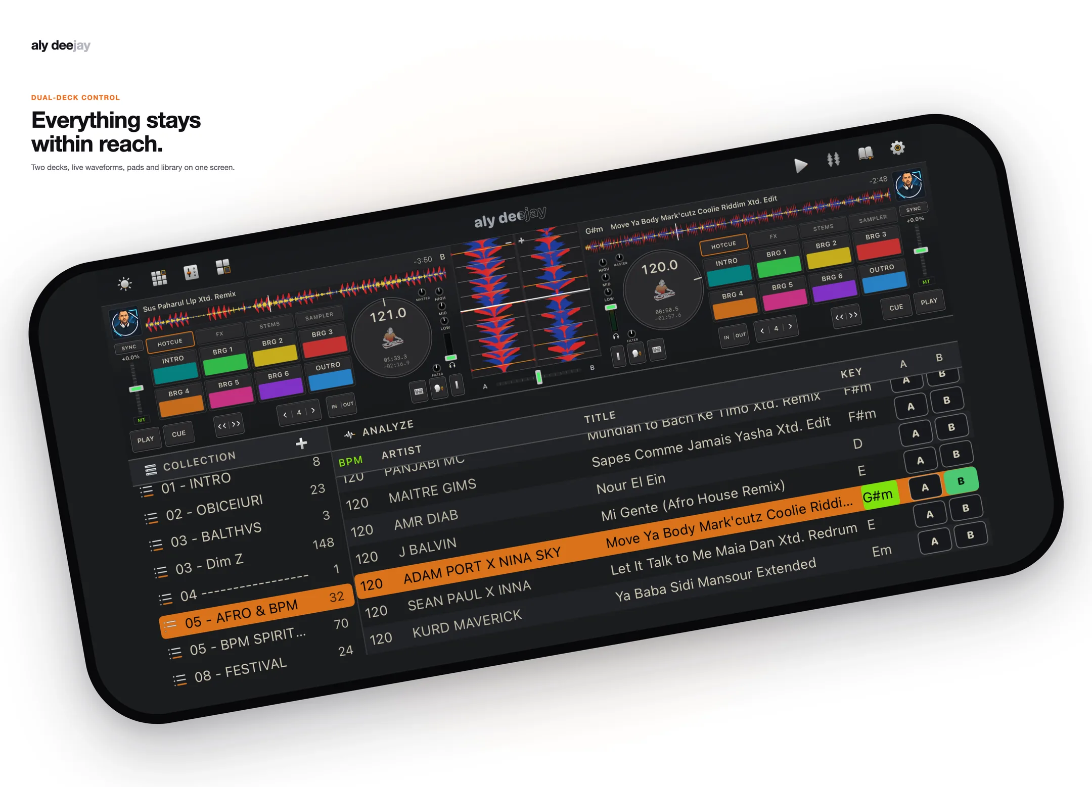 AlyDeejay two-deck console on iPhone: decks, live waveforms, performance pads and library