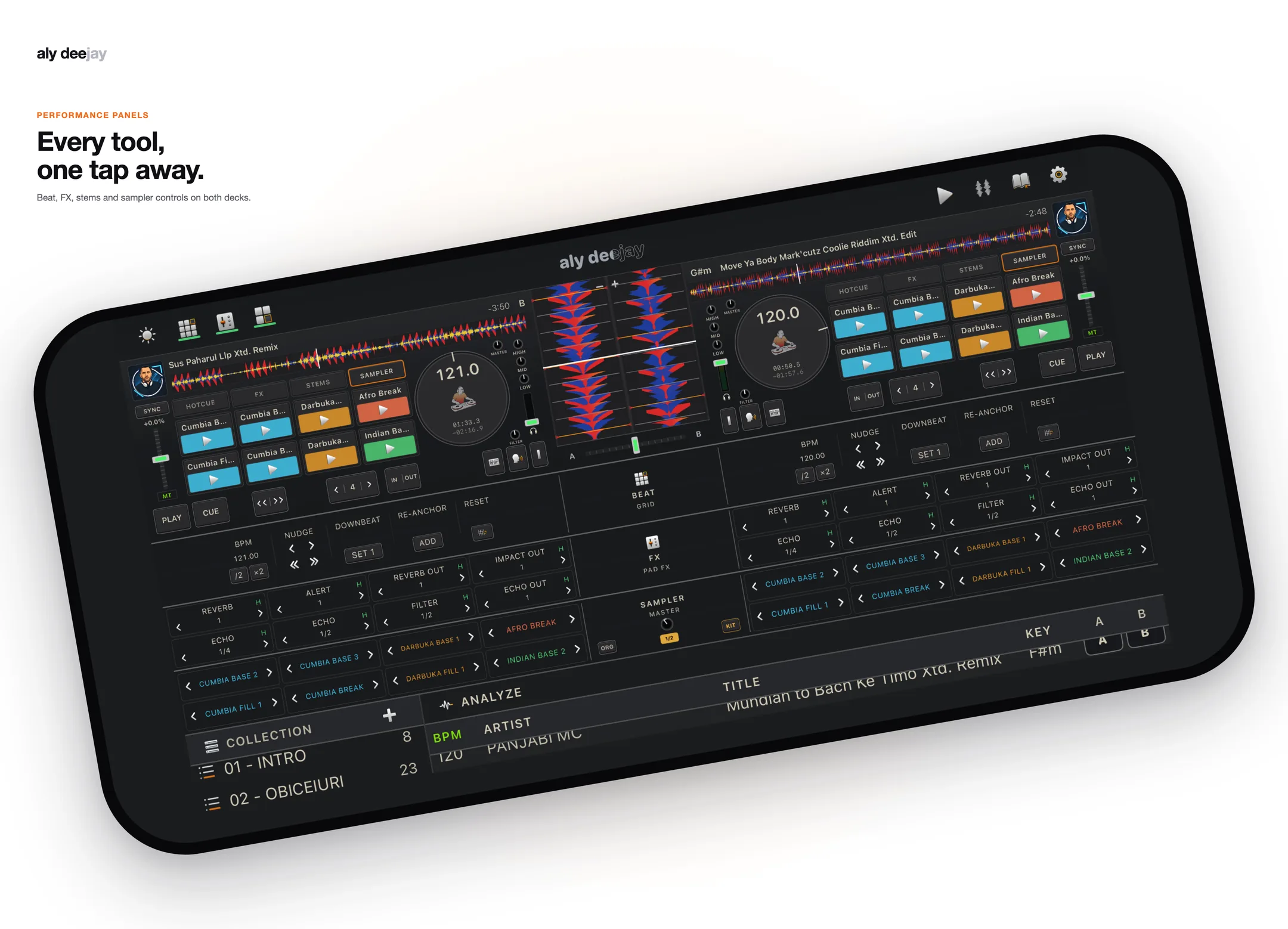 AlyDeejay performance panels on iPhone: beat grid, FX, stems and sampler controls
