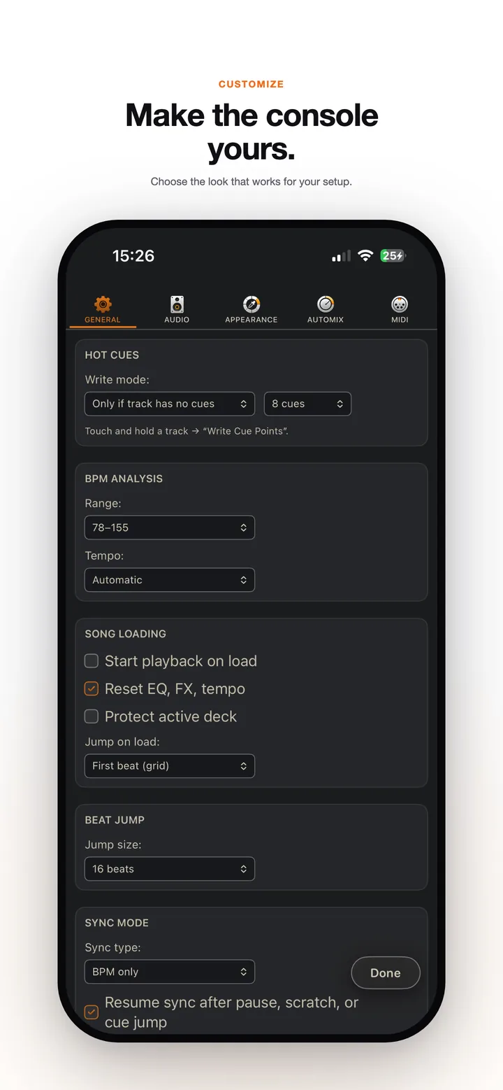 AlyDeejay appearance settings on iPhone