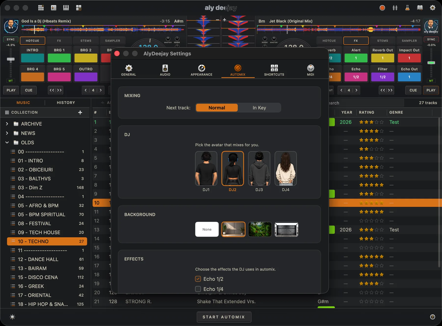 AlyDeejay Automix personalities and settings on Mac