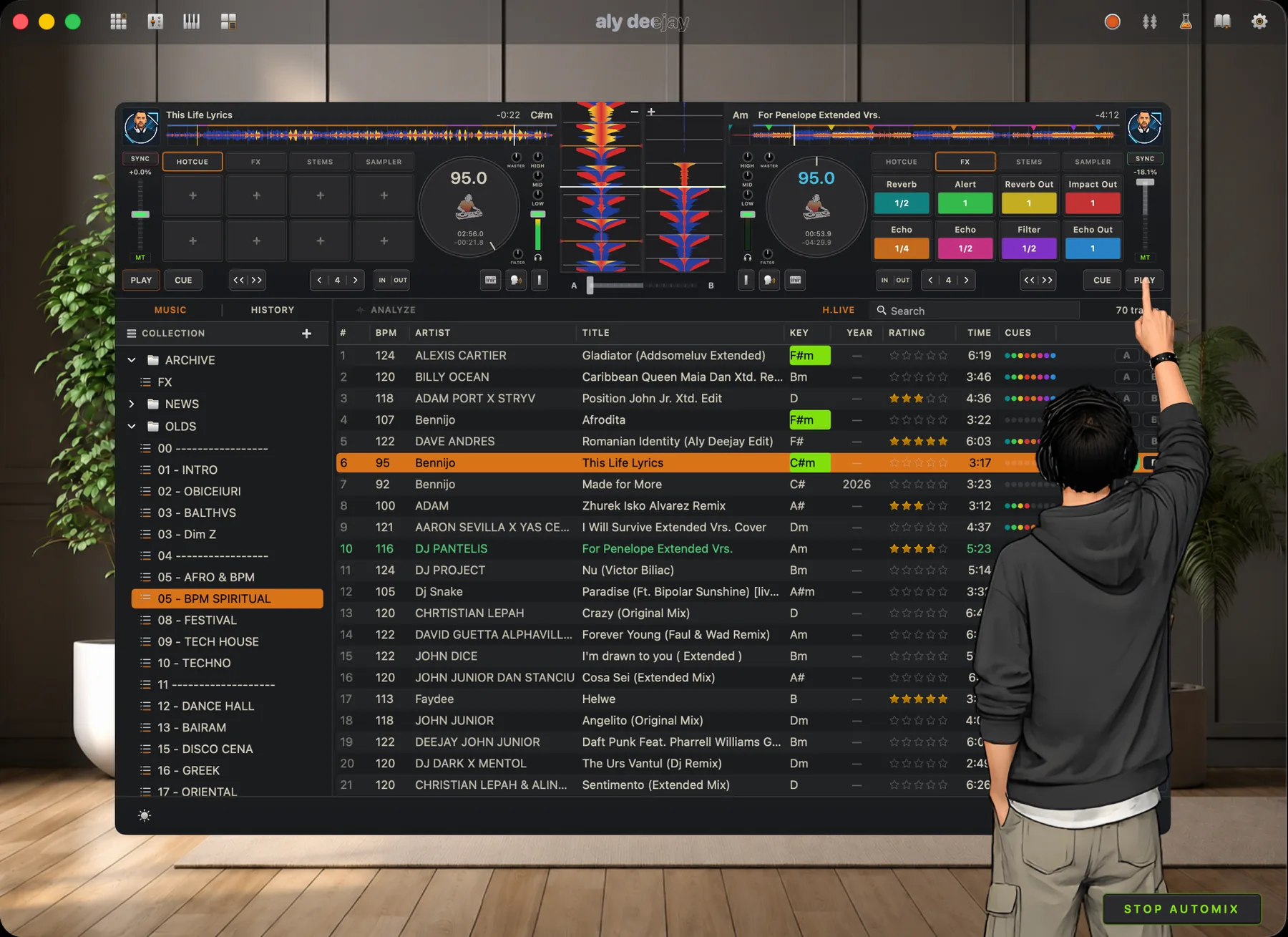 AlyDeejay AI Automix with vertical waveforms on Mac
