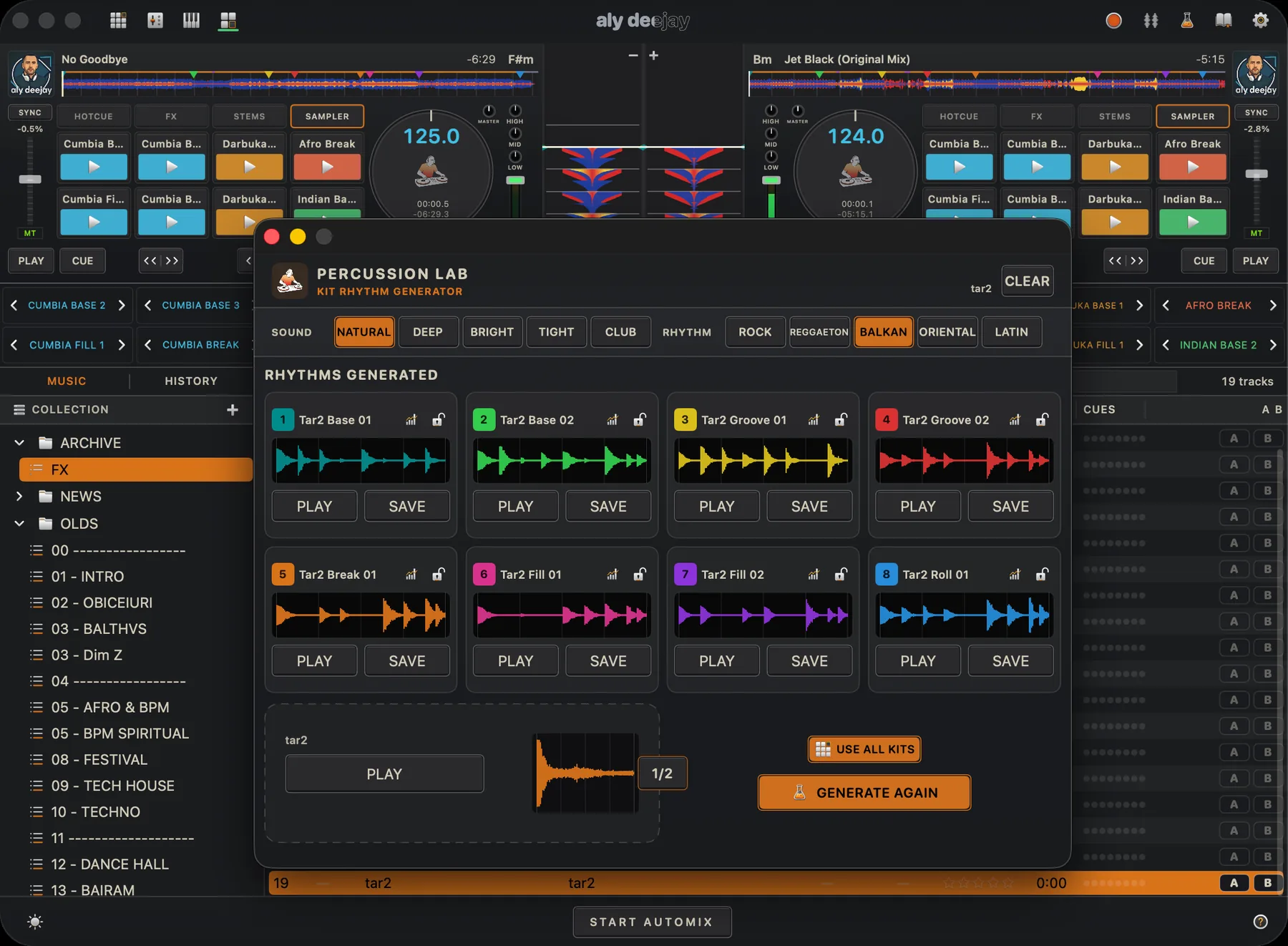 AlyDeejay Percussion Lab showing eight generated beat-synced rhythms from one imported percussion hit