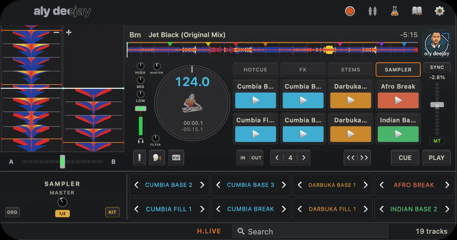 AlyDeejay sampler with a custom Percussion Lab kit loaded across eight color-coded performance pads